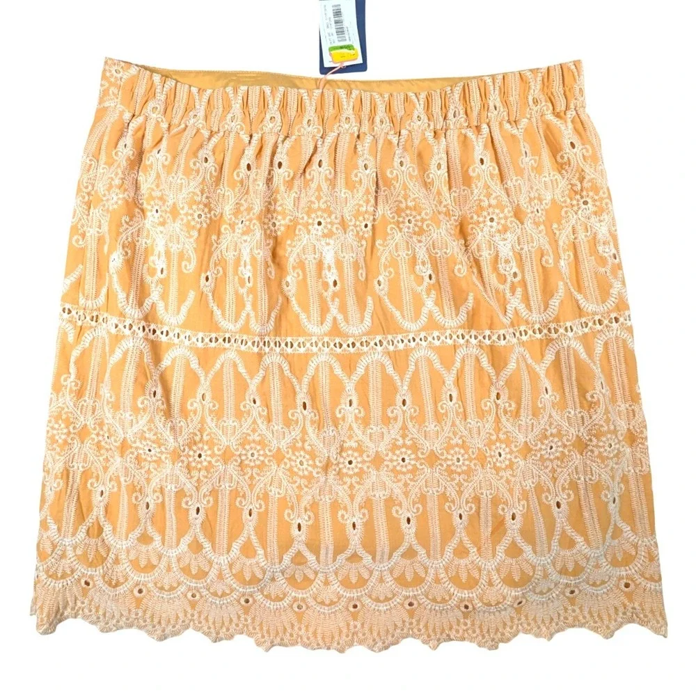 Skies Are Blue Yellow Eyelet Mini Skirt Scalloped Hem Peasant Lined Size 1X - Picture 2 of 9